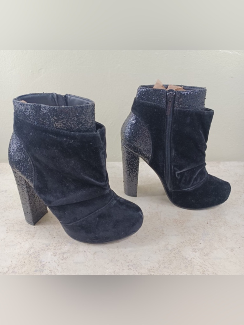 Women's Black Velvet Ankle Booties with Glitter Trim - Picture 2 of 12